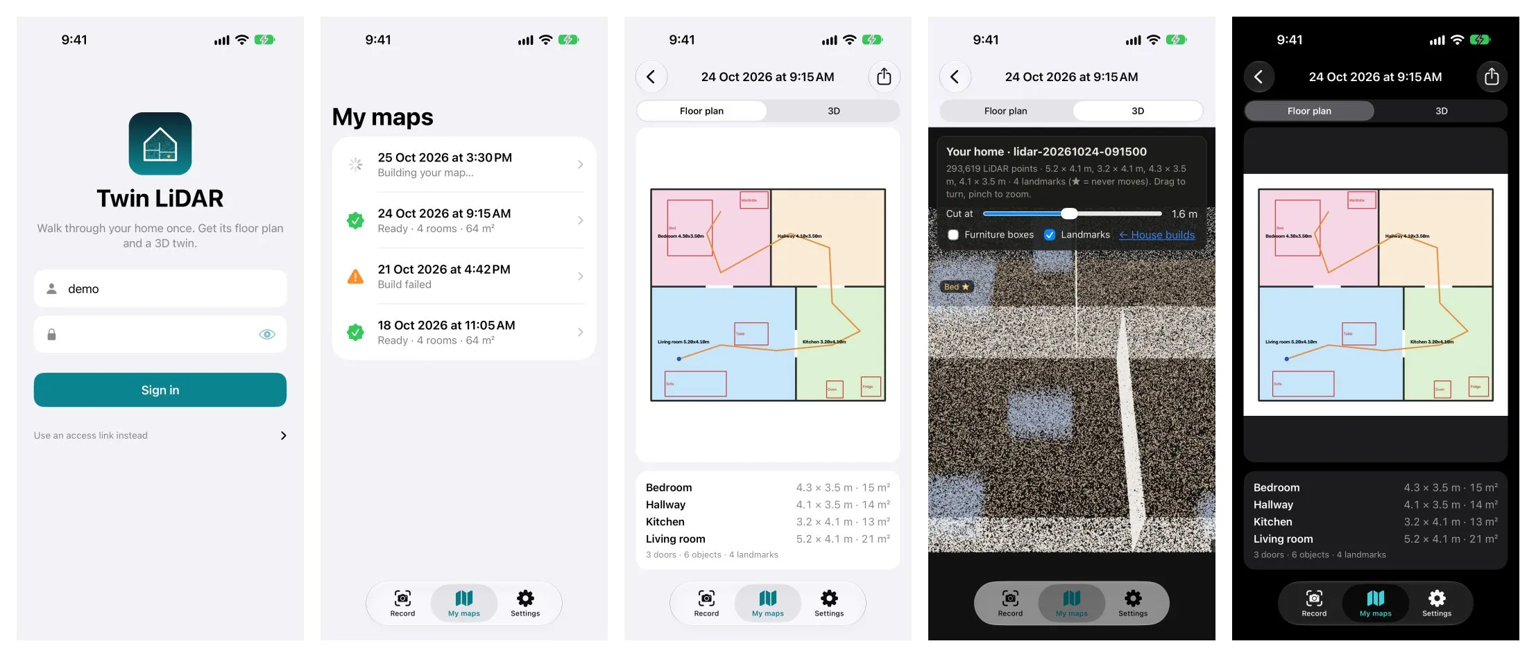 The iPhone app: sign in, My maps, floor plan with room sizes, 3D view